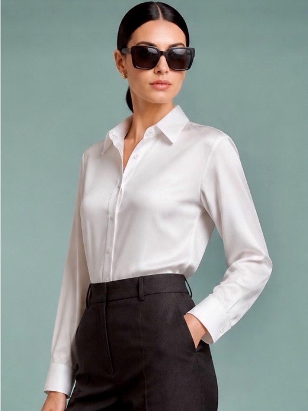 Women's White Classic Satin Button-Down Shirt - Tailored Long Sleeve Large